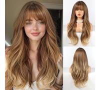 HAIRCUBE Perruque Long Ombre Brown avec Bangs Perruques bouclées en couches pour femmes Perruques synthétiques naturelles pour un usage quotidien (pelucas de cabello natural)