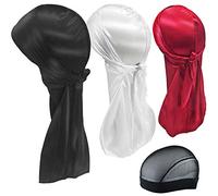 Hairizone 3 pièces durags soyeux pour hommes vagues avec 1 capuchon de vague (noir, blanc, vin rouge)
