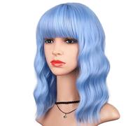 HAIRUP Perruque bleu clair avec frange pour femme, perruque courte ondulée, bou bleu pastel, 35,6 cm, longueur épaule, perruque colorée pour fête, cosplay, Halloween