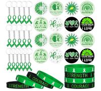Haishell Lot de 48 porte-clés en forme de ruban vert pour sensibilisation à la santé mentale, 16 badges espoir, 16 bracelets en silicone pour homme et femme, Small, Métal