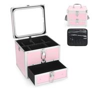 HAISKY Trousse de maquillage avec tiroir, étui de maquillage de voyage avec miroir LED magnétique, organiseur de cosmétiques avec séparateur réglable - Rose glacé