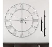 HAITANG Grande Horloge Murale Ronde en métal de Style Vintage Silencieux sans tic-tac à Piles 40 cm 47 cm 60 cm Argent Chiffres Romains horloges pour Salon Chambre Cuisine décoration