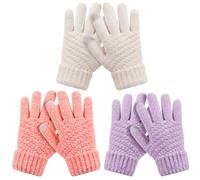 HAITHO Lot de 3 paires de gants d'hiver en chenille tricotés pour enfants avec doublure en polaire, gants pour écran tactile, pour adolescents, filles et garçons, orange + blanc + violet, Alter 9-15