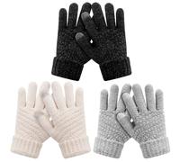 HAITHO Lot de 3 paires de gants d'hiver en chenille tricotés pour enfants avec doublure en polaire, gants pour écran tactile, pour adolescents, filles et garçons, noir + gris + blanc, Alter 9-15