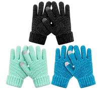HAITHO Lot de 3 paires de gants d'hiver en chenille tricotés pour enfants avec doublure en polaire, gants pour écran tactile, pour adolescents, filles et garçons, menthe, noir et bleu, Alter 9-15