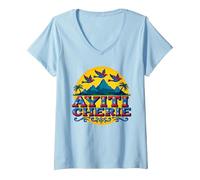 Haïtian Pride Ayiti Cherie Art au Paradis Tropical T-Shirt avec Col en V, Femme, Bleu Céleste, M