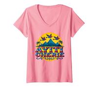 Haïtian Pride Ayiti Cherie Art au Paradis Tropical T-Shirt avec Col en V, Femme, Rose, S