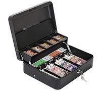 HAITRAL Caisse à monnaie, Boîte à billets en métal verrouillable argent, pièce de monnaie et boîte de sécurité grande caisse avec serrure, 30 x 24 x 9 cm - Noir