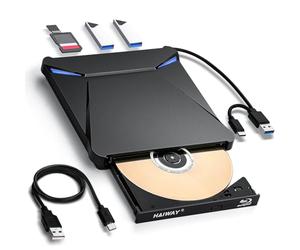 Haiway Graveur Blu-ray externe 5 en 1, USB 3.0 et Type-C DVD/CD/Blu-ray graveur graveur avec lecteur de carte SD/TF, prend en charge les disques R/W de 100 Go pour Windows, Linux, MacOS (PC/ordinateur