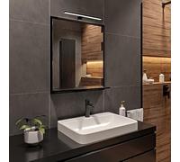 HAJDUK FURNITURE Miroir LED Salle de Bain Style Noir avec Tablette - 70x60 cm - Lumière 4000K IP44 - Glace Murale Moderne Rectangulaire avec Cadre LED Noir - Miroir de Rangement pour Salle d’Eau