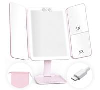 hajer Miroir Maquillage Lumineux à LED + Pochette de Transport, Grossissant 1X/3X/5X, 3 Modes éclairage, Tactile et Rechargeable USB-C avec Batterie en Lithium. Miroir de Voyage. (Rose)