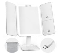 hajer Miroir Maquillage Lumineux à LED + Pochette de Transport, Grossissant 1X/3X/5X, 3 Modes éclairage, Tactile et Rechargeable USB-C avec Batterie en Lithium. Miroir Portable et Pliable de Voyage.