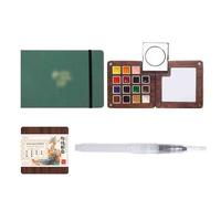HAJHI Ensemble De Peinture Aquarelle Avec Carnet De Croquis Boîte En Bois Kit De Peinture Aquarelle De Portable Chinois Pour Cafés Street Art(4 pcs - 48K green - 15 colours A)