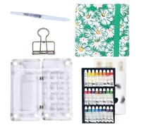 HAJHI Kit Aquarelle Miniature Portable Ensemble De Peinture Aquarelle Tissu/Cuir Carnet De Croquis Avec Pinceau Zone De Palette Journal Quotidien(Green F-24Colours)