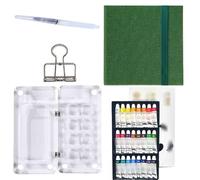 HAJHI Kit Aquarelle Miniature Portable Ensemble De Peinture Aquarelle Tissu/Cuir Carnet De Croquis Avec Pinceau Zone De Palette Journal Quotidien(Green E-24Colours)