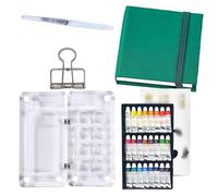 HAJHI Kit Aquarelle Miniature Portable Ensemble De Peinture Aquarelle Tissu/Cuir Carnet De Croquis Avec Pinceau Zone De Palette Journal Quotidien(Green B-24Colours)