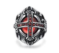 Hakfeeo Men's Vintage Ruby Stone Cross Ring, Stainless Steel Silver Black Gothic Biker Signet Ring