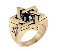 Hakfeeo Star of David Ring for Men Women, 18K Gold & Black Stainless Steel Vintage CZ Signet Protection Amulet Ring