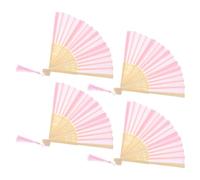 HAKIDZEL 4 Pièces Éventail Pliant en Soie à Armature Bambou, Style Oriental | Surface Unie Prête à Décorer, Lot Coordonné, Sachets Organza et Pompon, pour Mariage et Cortèges