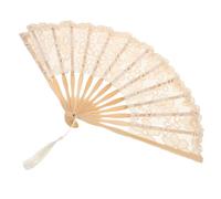 HAKIDZEL Éventail Pliant en Dentelle Beige, Bambou, avec Pompon, Mariage | Style Vintage Élégant, Pliage Compact, Usage Théâtre et Cérémonie, Finition Dentelle, pour Bouquet