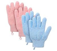 HAKIDZEL Lot De 4 Moufles Exfoliants Corps Bleu Et Rose, Taille Unique, Bande Élastique Au Poignet, Exfoliation Douce Pour Femmes Et Hommes, Usage Quotidien Bain Bain