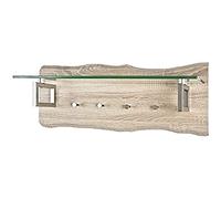 HAKU Patère murale avec tablette porte-manteau barre à crochets en MDF décor chêne clair aspect bord naturel, métal aspect acier inoxydable et verre de sécurité, Dimensions: L 75 cm x H 29 cm x P 22 cm