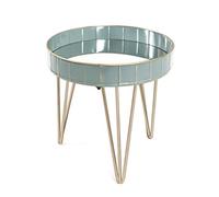 HAKU Table d'appoint Ronde Bleu, doré et Gris, en métal avec Miroir, Table Basse, Table de Salon - Dimensions : H 40 x Ø 41 cm Style : Art déco