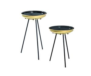 HAKU Tables d'appoint, Lot de 2, Rondes, dorées et Noires, en métal, Petites Tables Basses - Dimensions : H 56/66 x Ø 38/38 cm Style : Art déco