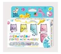Haku Yoka Meow Meow Lot de 4 mini marqueurs parfumés aux fruits - Raisin, citron, myrtille, fraise, séchage rapide, encre à base d'eau, format de poche, 6 ans et plus