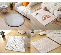 Hakuna Matte 4-Piece Rug Set: 47" Round Gray & 47x67 Rainbow Elephant Memory Foam Mats, Plus Two 50x50 Quilted Washable Floor Blankets (Confetti & Hygge Beige), Non-Slip Indoor Home Bundle