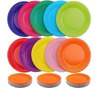 HAKZEON Lot de 200 Assiettes Jetables en Carton Colorées de 17,8 cm - Assiettes en Carton Multicolores Rondes pour Anniversaire, Mariage, Pique-nique - 10