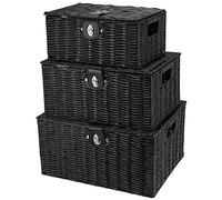 HAKZEON Lot de 3 Paniers de Rangement en Résine Tressée Noir avec Couvercle et Verrou pour Rangement de Salle de Bain, Chambre, Cuisine, Décoration