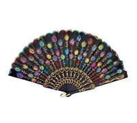 HALAHAI Lot de 2 éventails pliants chinois pour femme, élégant motif de paon brodé coloré, tissu à paillettes, éventail à main pliable