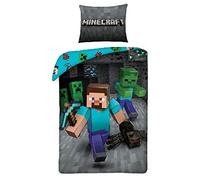 Halantex - MNC207 - Parure de lit Simple Minecraft Steve avec Hache Housse de Couette Officielle Original - Multicolore - 100% Coton - 140x200cm + 70x90cm