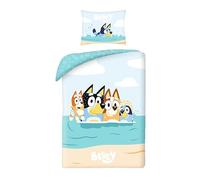Halantex Parure de Lit Bluey à la Plage, Housse de Couette 140x200 cm pour Enfant et Taie d'oreiller, avec Bluey, Bingo, Bandit (Le Papa) et Chilli (la Maman)