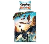 Halantex Parure de lit DRAGON TRAINER - Hiccup Dédenté et dragons de berk - Housse de couette 140 x 200 cm avec taie d'oreiller 70 x 90 cm - Microfibre - Multicolore