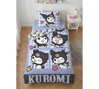 Halantex Parure de Lit Kuromi - Housse de Couette 140x200 cm + Taie d'oreiller 70x90 cm - 100% Microfibre Ultra Douce - Design Réversible Gingham Bleu et Gris