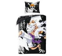 Halantex Parure de lit ONE PIECE Monkey D. Luffy GEAR5 - Housse de couette 140 x 200 cm avec taie d'oreiller 70 x 90 cm - 100 % coton Oeko-Tex - Noir