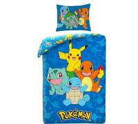Halantex Parure de lit Pokemon avec Pikachu, Glumanda, Scarabée épée et Bulbizarr, housse de couette 140 x 200 cm + taie d'oreiller, Bleu, POK579