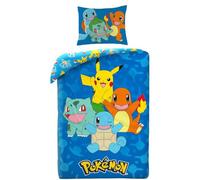 Halantex Parure de Lit Pokemon avec Pikachu, Salamèche, Carapuce et Bulbizarre, Housse de Couette 140x200 cm + Taie d'oreiller, Bleu, POK579