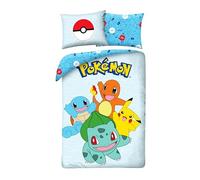 POKEMON PIKACHU Bulbasaur Charizard Squirtle Parure de lit Housse de couette 140 x 200 cm + taie d'oreiller 70 x 90 cm - Réversible - 100 % coton Oeko-Tex - Bleu Multicolore