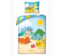 Halantex Parure de lit Pokemon Pikachu pour enfant 2 pièces. Parure de lit 140 x 200 + 70 x 90 cm - Housse de coussin beige bleu jaune - Coton certifié Öko-Tex