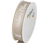 Halbach Ruban de soie en lin - 25 mm x 15 m - Ruban décoratif pour Pâques - Inscription « Schöne Ostern » - Ruban en lin pour cadeaux de Pâques - Couleur : blanc