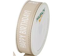 Halbach Ruban de soie « Happy Birthday » - Largeur 25 mm - Longueur 18 m - Ruban cadeau d'anniversaire - Ruban pour décoration d'anniversaire - Couleur : lin/blanc
