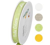 Halbach Seidenbänder Ruban cadeau de Pâques - 15 mm x 20 m - Ruban décoratif pour Pâques - Inscription « Frohe Ostern » - Ruban en lin pour cadeaux de Pâques - Couleur : vert/blanc