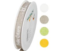 Halbach Seidenbänder Ruban cadeau de Pâques - 15 mm x 20 m - Ruban décoratif pour Pâques - Inscription « Frohe Ostern » - Ruban en lin pour cadeaux de Pâques - Couleur : lin/blanc