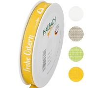 Halbach Seidenbänder Ruban cadeau de Pâques - 15 mm x 20 m - Ruban décoratif pour Pâques - Inscription « Frohe Ostern » - Ruban en lin pour cadeaux de Pâques - Couleur : jaune/blanc