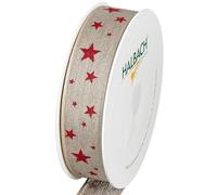 Halbach Seidenbänder Ruban cadeau étoiles - Ruban en lin avec bord métallique et imprimé étoiles pour Noël - Couleur : naturel/rouge
