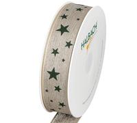 Halbach Seidenbänder Ruban cadeau étoiles - Ruban en lin avec bord métallique et imprimé étoiles pour Noël - Couleur : naturel/vert sapin