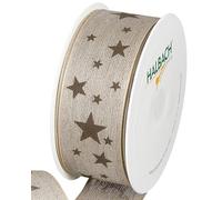 Halbach Seidenbänder Ruban cadeau étoiles - Ruban en lin avec bord métallique et imprimé étoiles pour Noël - Couleur : naturel/lin